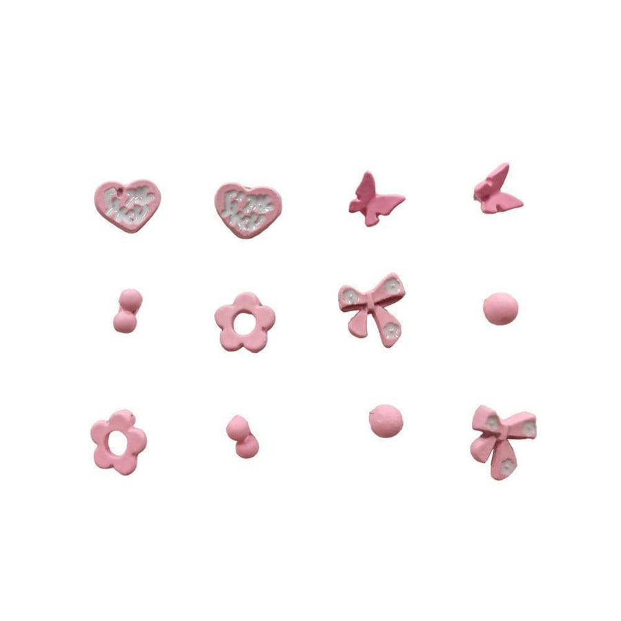 Cute Stud Earrings Set for Women and Girls - Pink Heart, Butterfly and Bow, 6 Pairs
