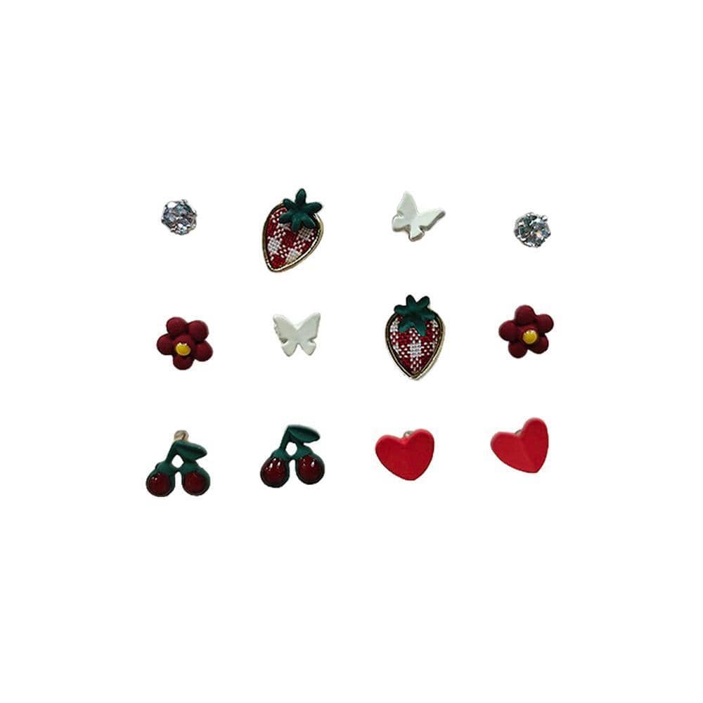 Cute Stud Earrings Set for Women and Girls - Strawberry, Cherry and Heart, 6 Pairs