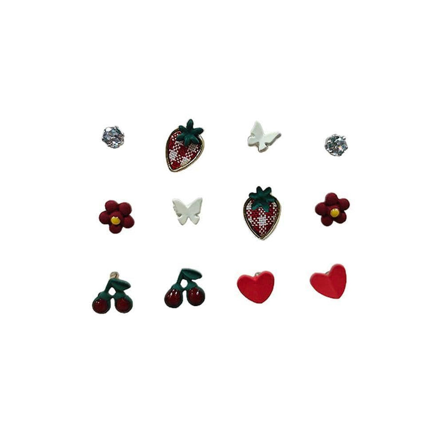 Cute Stud Earrings Set for Women and Girls - Strawberry, Cherry and Heart, 6 Pairs