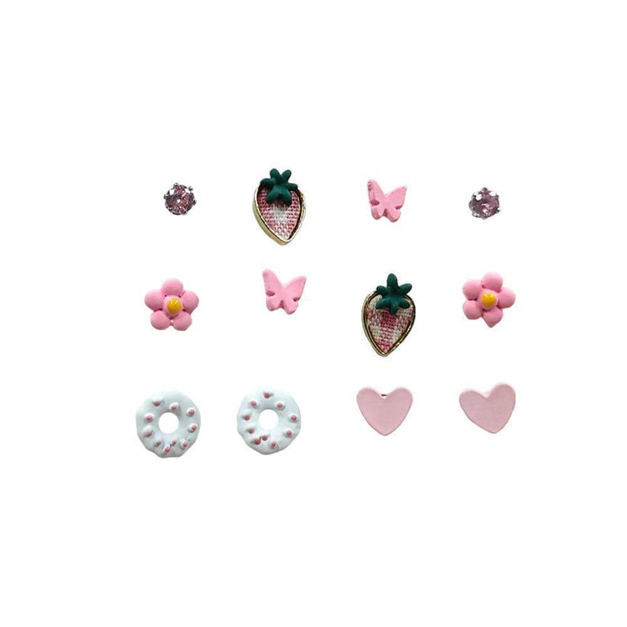 Cute Stud Earrings Set for Women and Girls - Strawberry, Donut and Flower, 6 Pairs