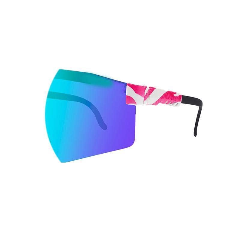 Cycling Sunglasses - Cyan and Purple Mirrored Lens, Pink and White Arms