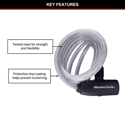 Master Lock 1.8m x 8mm Keyed Bike Lock, Braided Steel Cable, Vinyl Coated