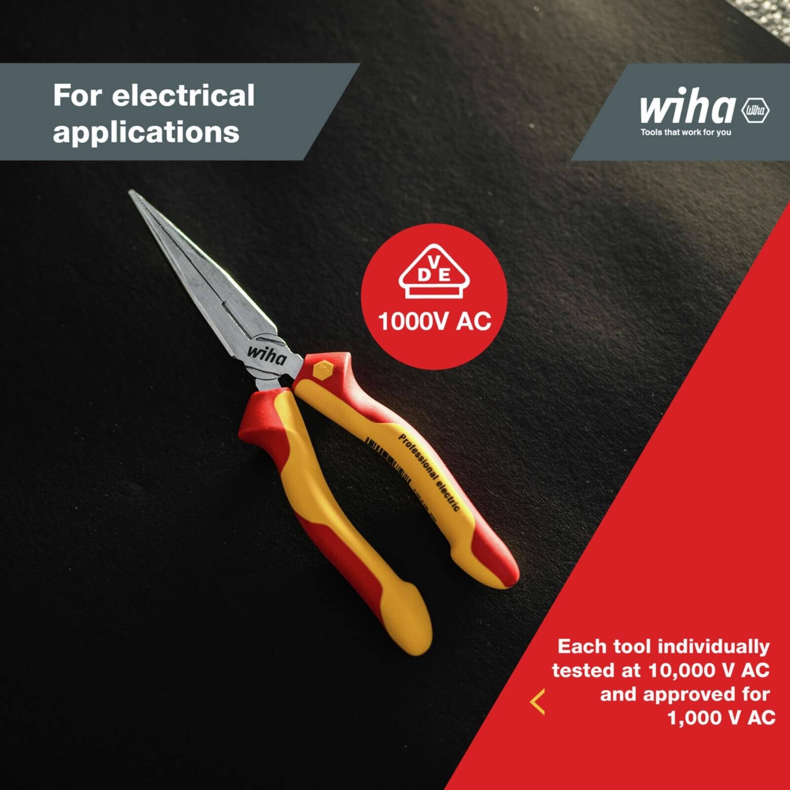 Wiha 200mm Long Nose VDE Pliers - 1000V Insulated, C70 Tool Steel, Straight Cut