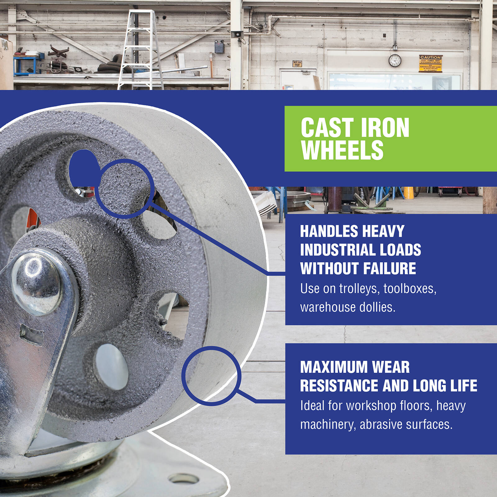 Easyroll 75mm Silver Cast Iron Swivel Plate Castor 115kg Indoor