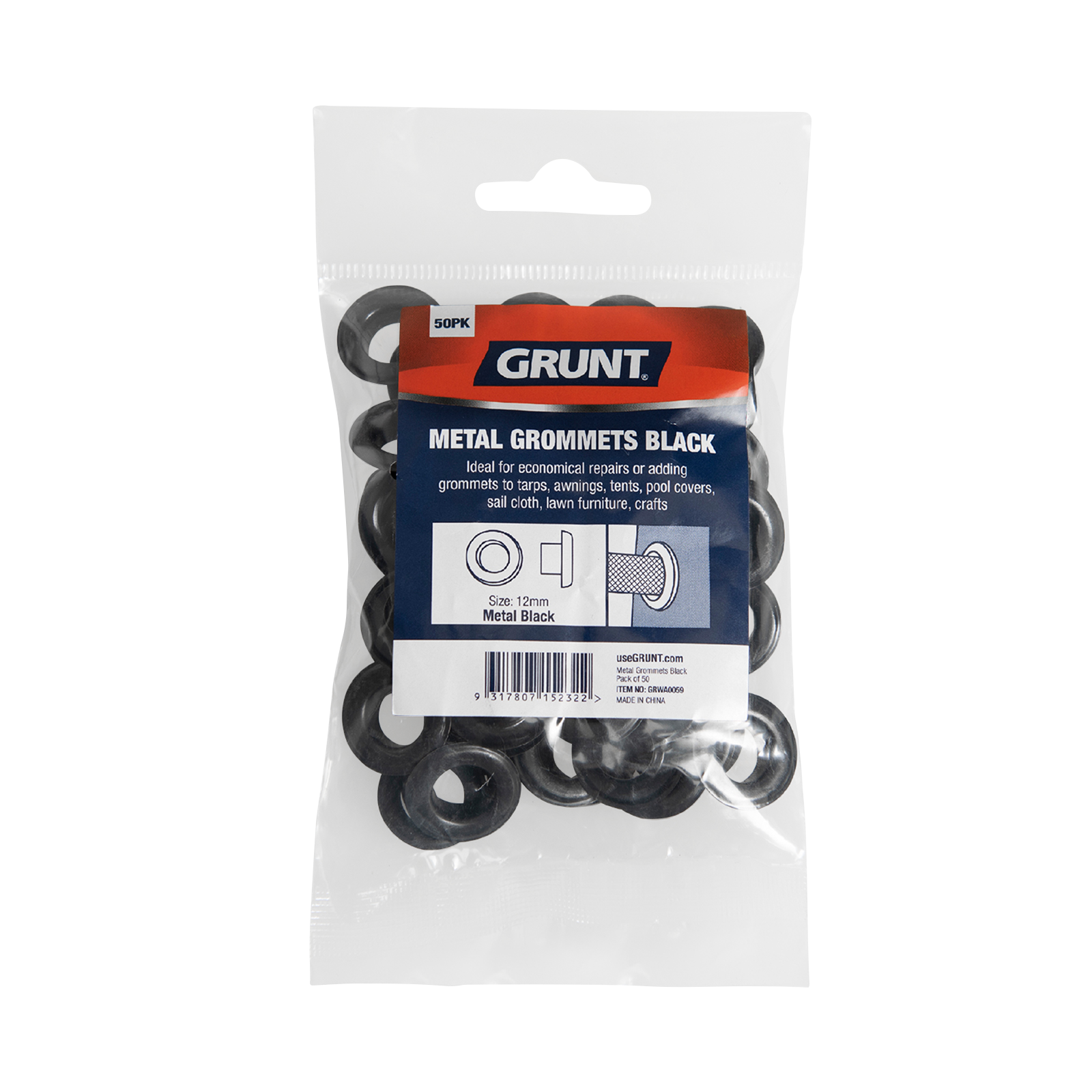 Grunt 12mm Black Heavy Duty Metal Webbing Grommets - 50 Pack