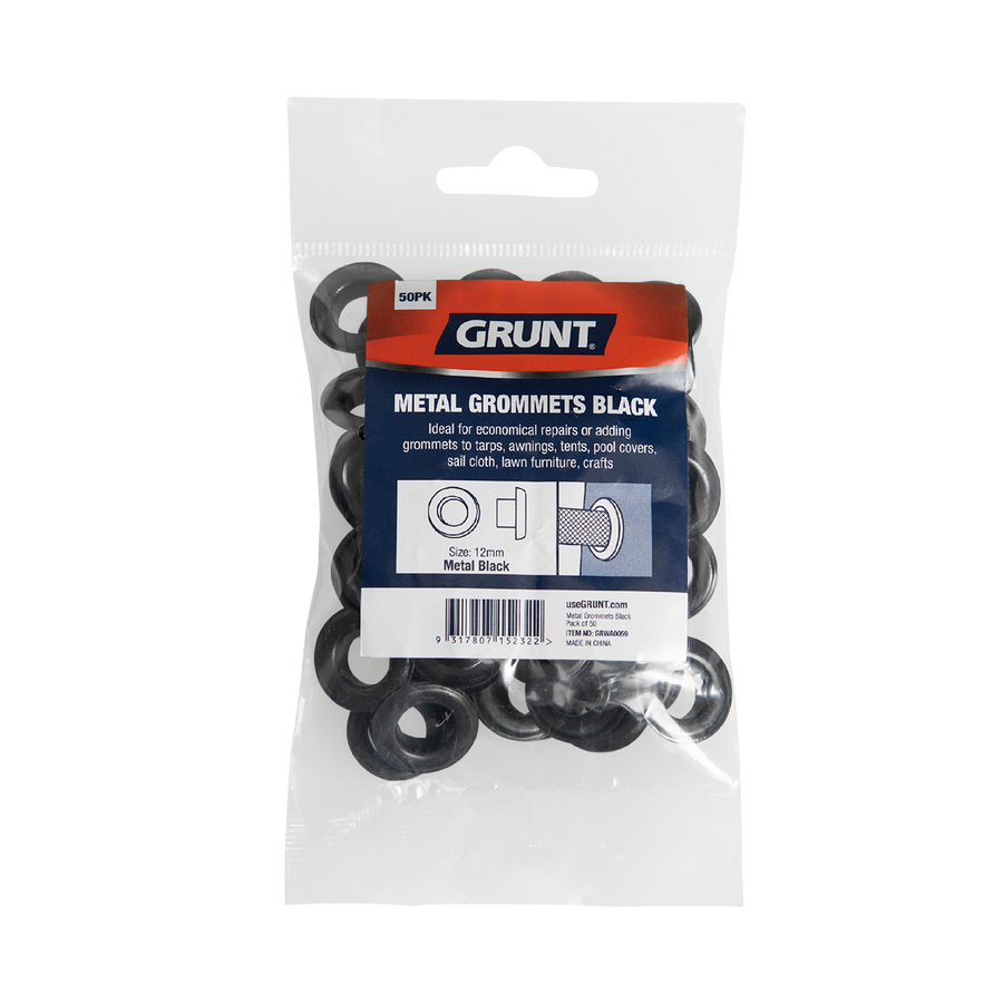 Grunt 12mm Black Heavy Duty Metal Webbing Grommets - 50 Pack