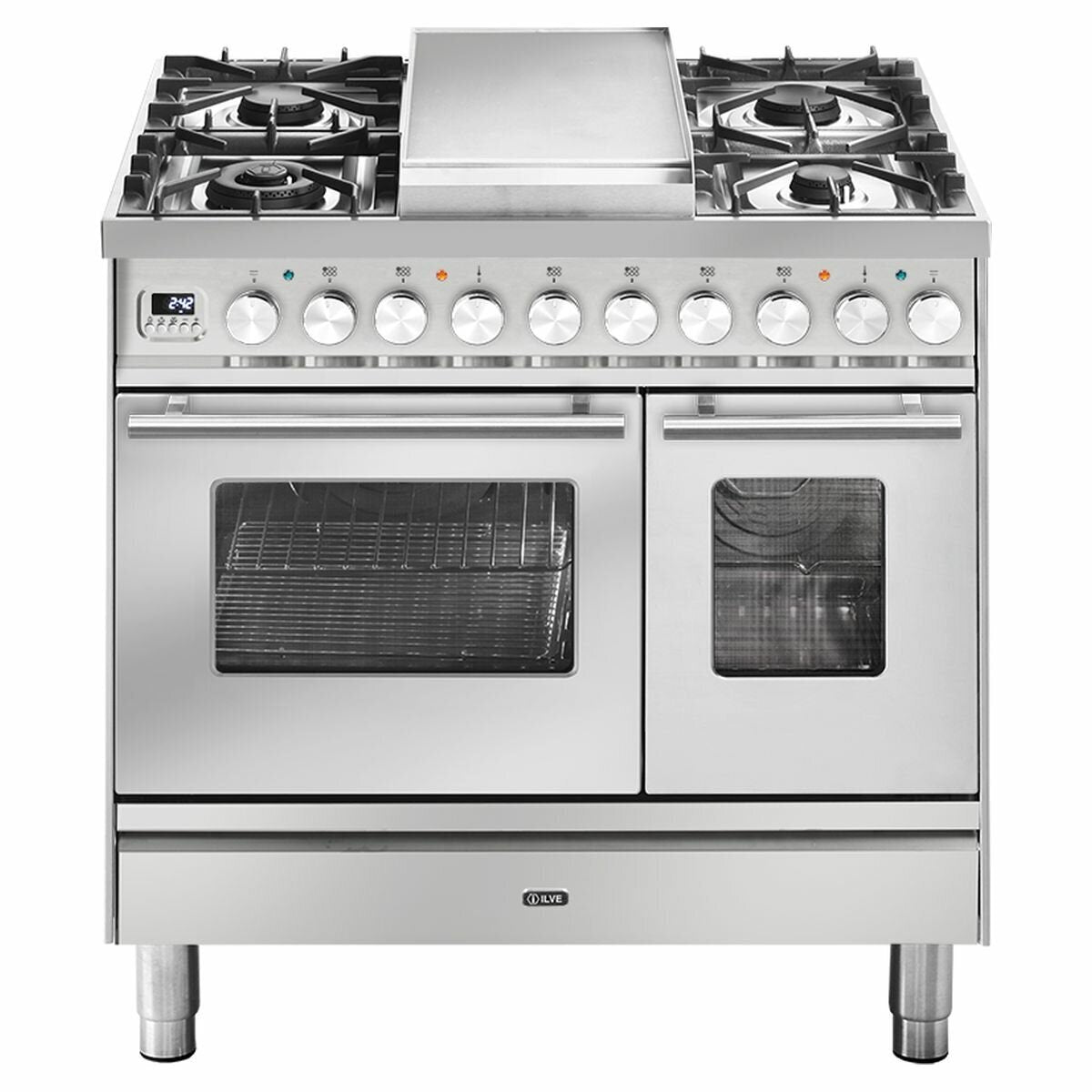 ILVE 90cm Dual Fuel Freestanding Double Oven - Teppanyaki Cooktop, 108L, Stainless Steel - PD09FDWE3SS
