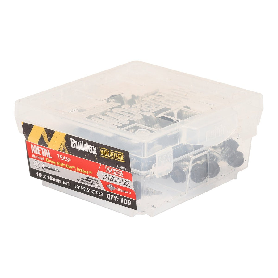 Buildex M10 Black Ebony Hex Head Hi Grip Roof Zip Screws 16mm 100 Box - SuperSaverAU - view 1