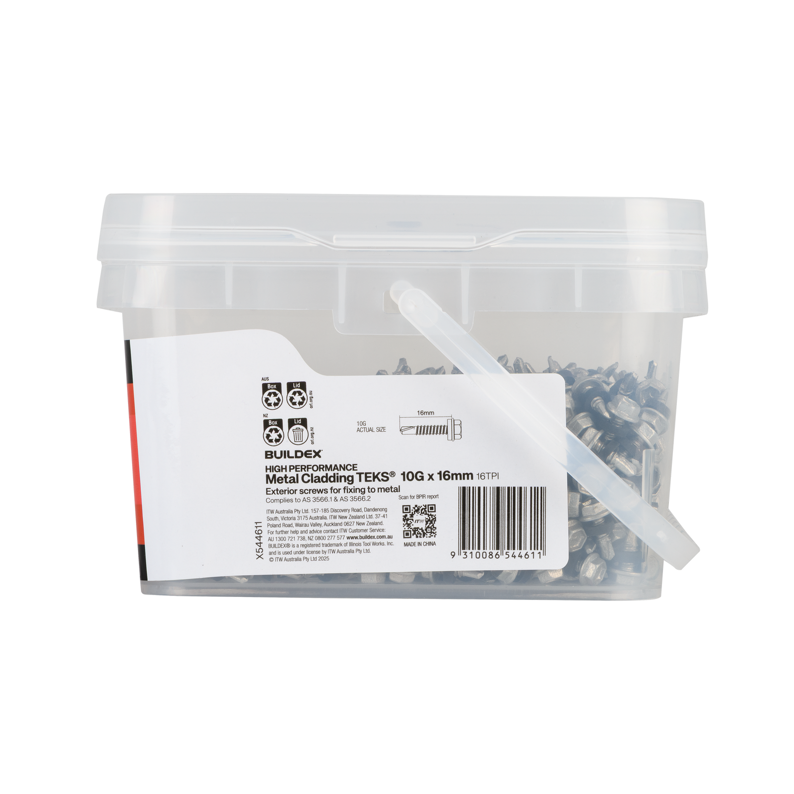 Buildex 10G x 16mm Class 4 Metal Cladding TEKS Screws with Seal, Hex Head - 1000 Pack