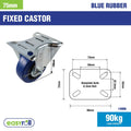 Easyroll 75mm Blue Rubber Fixed Castor 90kg Load Indoor Outdoor