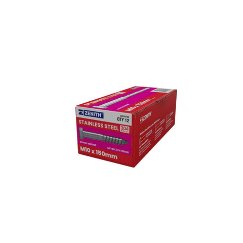 Zenith Hex Head Coach Screws M10 x 150mm Stainless Steel 12 Pack - SuperSaverAU - view 1