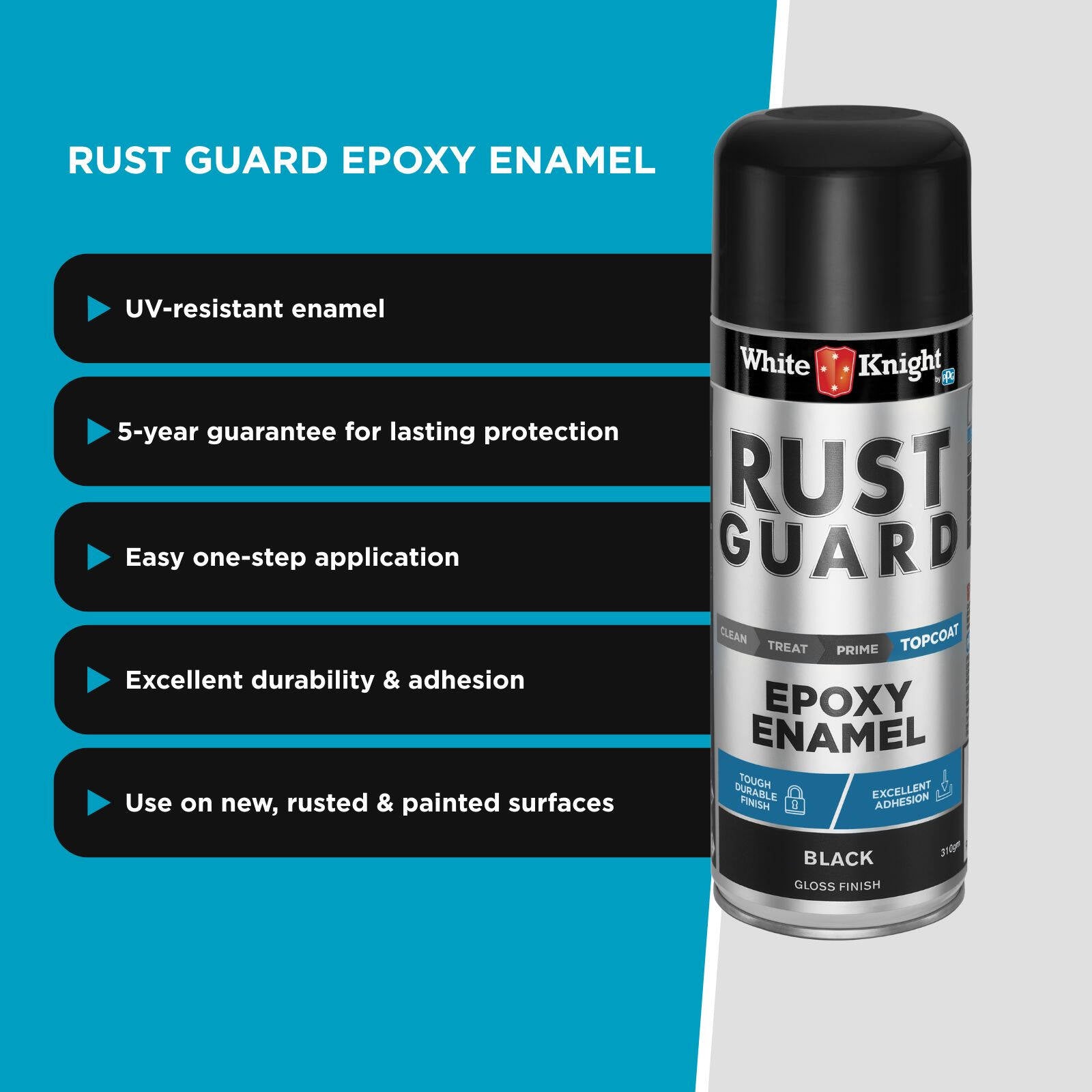 White Knight Rust Guard Epoxy Enamel Spray Paint 310g - Black Gloss, Solvent Based Metal Finish