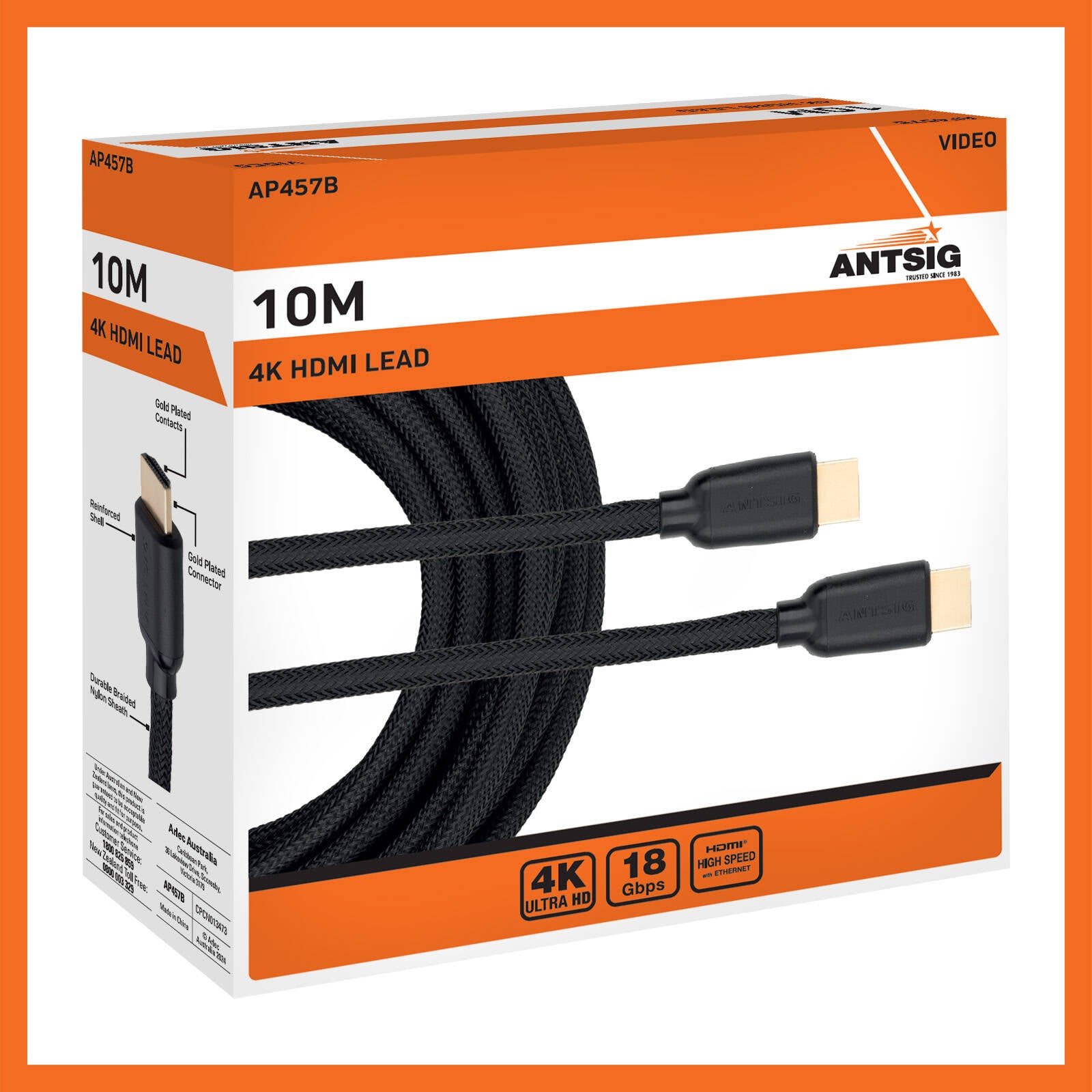 Antsig 10m 1080p 4K HDMI Braided Cable AP457B - Nylon, Long-Run Home Theatre Lead