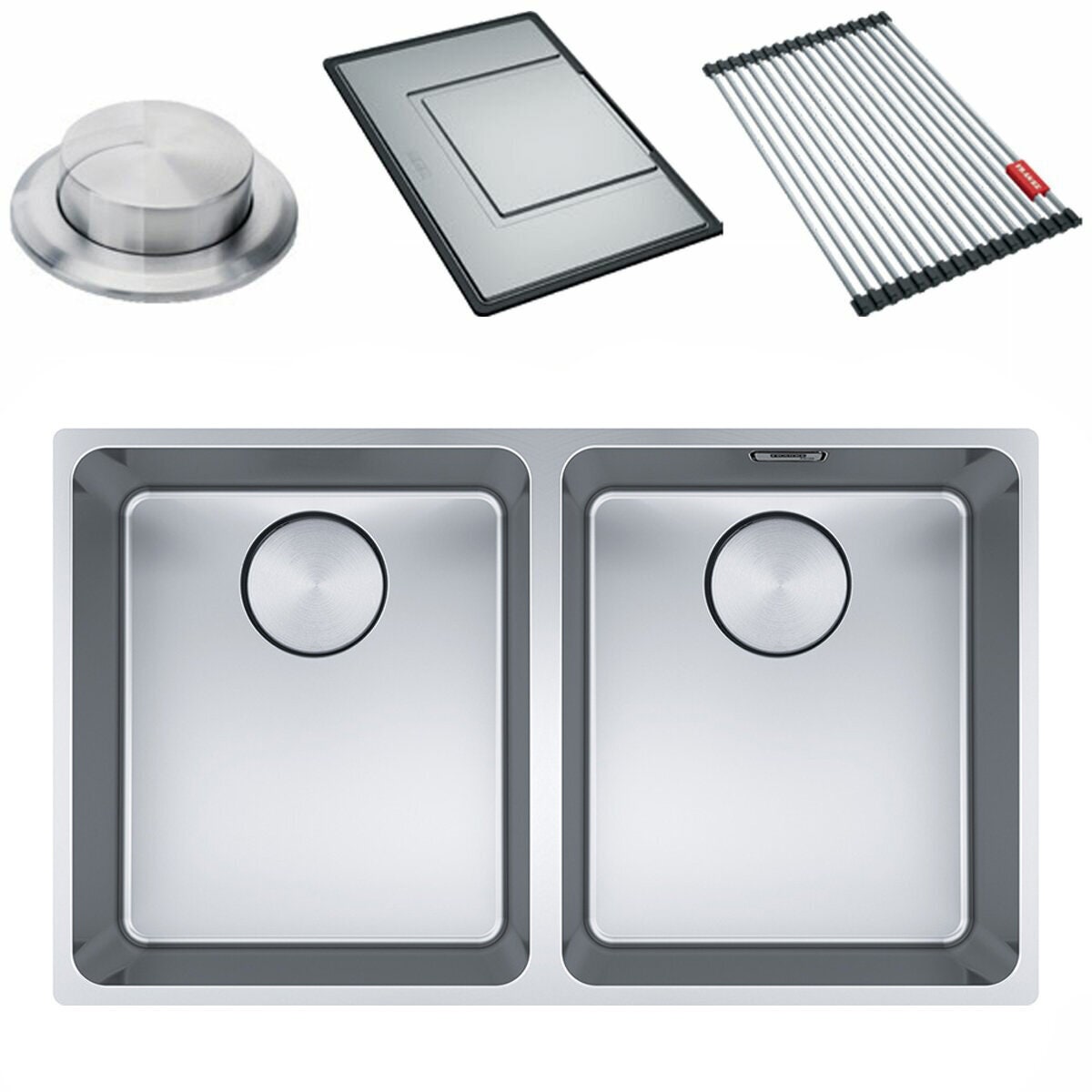 Franke Mythos 340mm double bowl undermount sink with accessories - stainless steel - MYX120-3434FPC