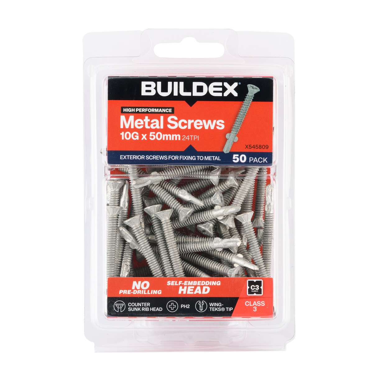 Buildex 10g x 50mm Sheet Metal Screws - Countersunk Rib Head - 50 Pack - Corrosion Resistant - Wing TEKS® Tip - SuperSaverAU - view 1