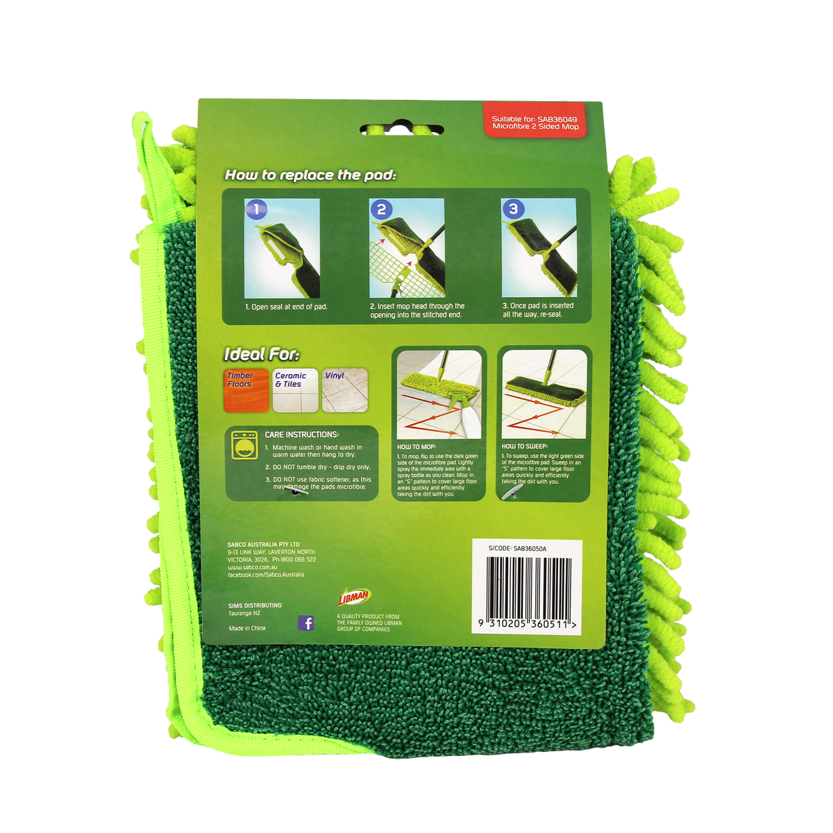 Sabco Microfibre Flip Mop Refill Pad - 45cm - Microfibre - Machine Washable - SuperSaverAU - view 2
