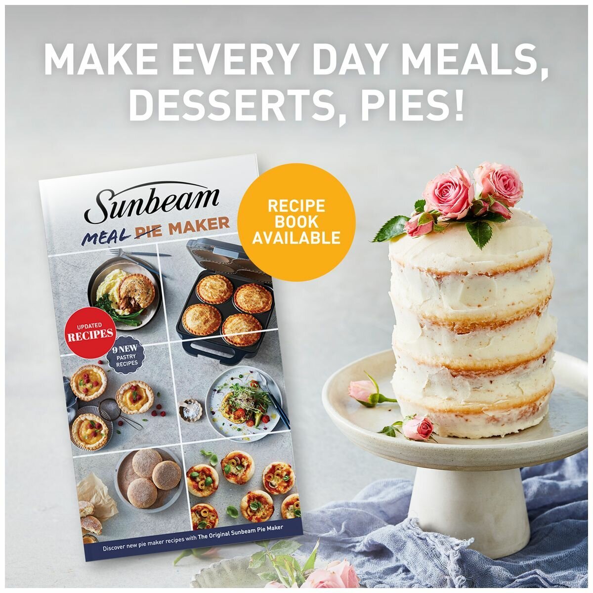 Sunbeam Pie Maker - Extra Deep Plates, Non-Stick, Pastry Cutters Included, Black - PM4800