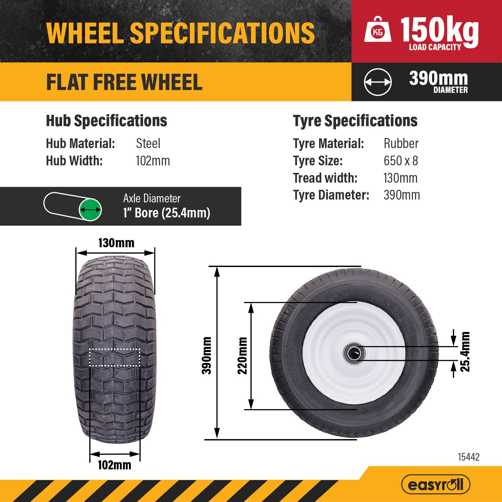Easyroll 6.5 x 8" Flat Free Puncture Proof Wheelbarrow Wheel, 1" Axle, PU Foam Steel, 150kg