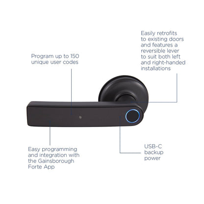 Gainsborough Graphite Mode Smart Lever Lock - RFID, Fingerprint, Keypad - 90mm x 195mm - Secure Access