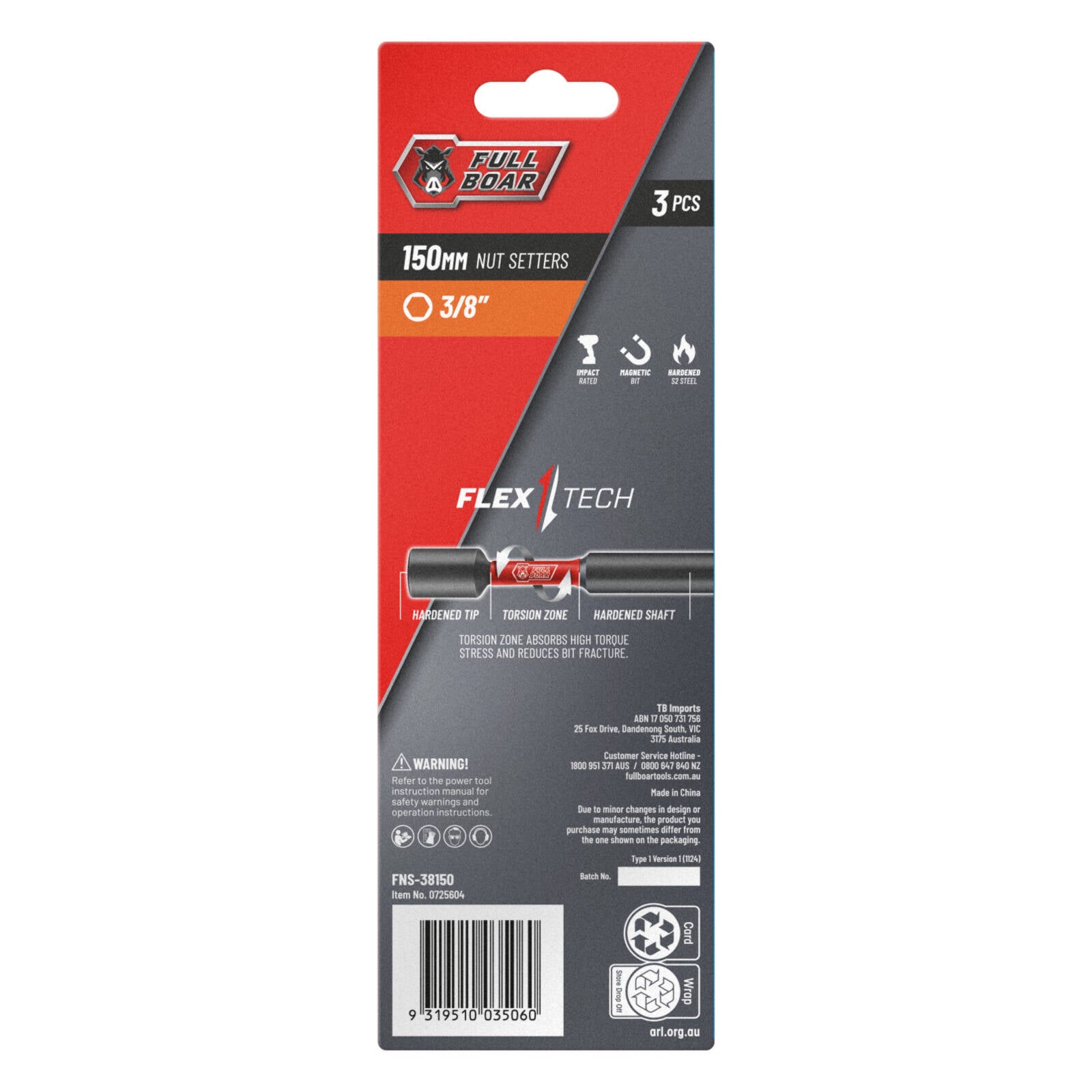 Full Boar 3/8" x 150mm Magnetic Impact Nut Setters - 3 Pack, S2 Steel