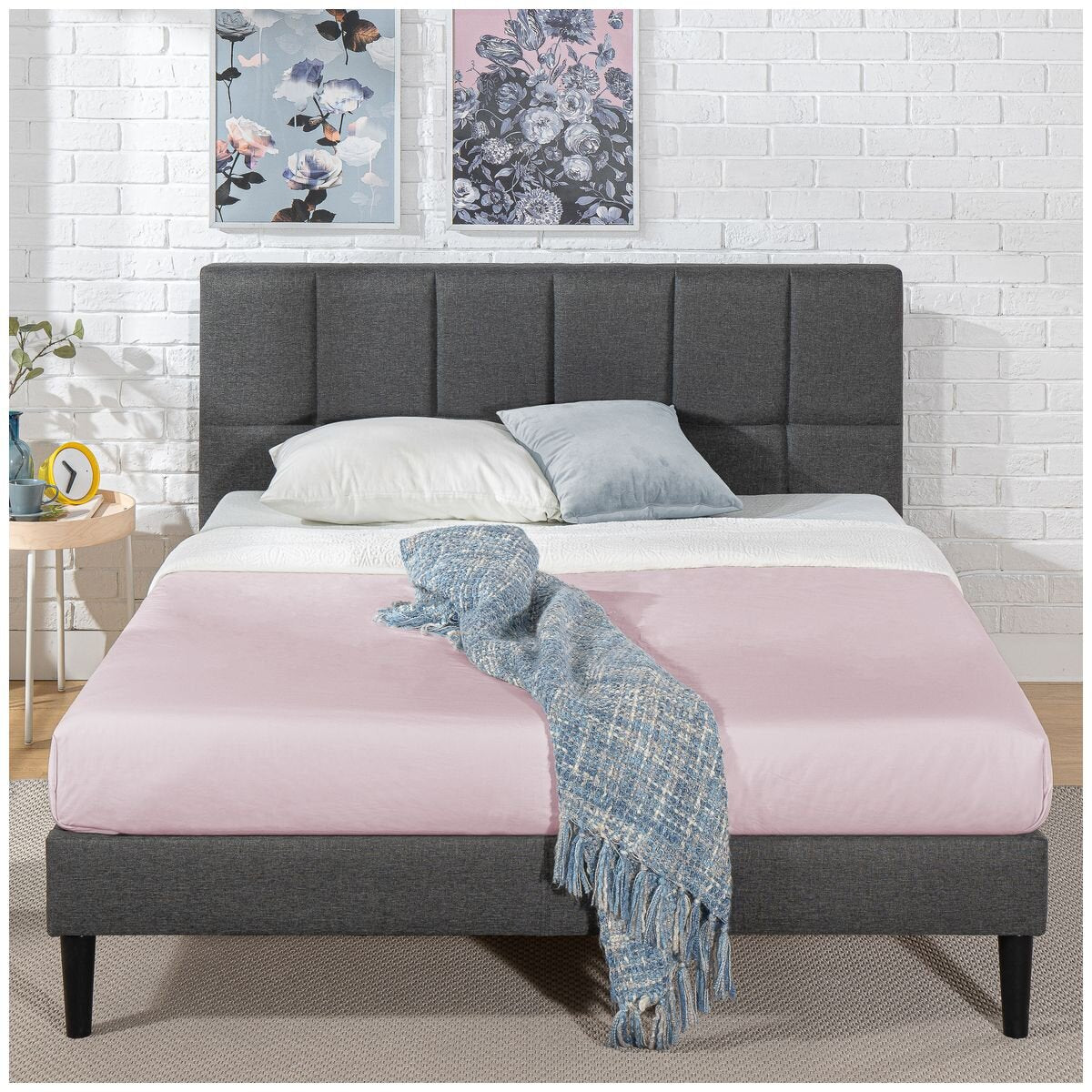 Zinus Leo Fabric Bed Frame King - Dark Grey, Foam Padded Headboard, Wooden Slats - AU-FSPBO-K