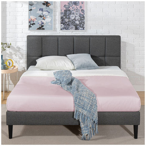 Zinus Leo Fabric Bed Frame Double - Dark Grey, Foam Padded Headboard, Wooden Slats - AU-FSPBO-D