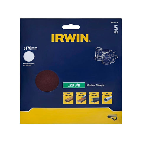 Irwin 178mm Quick Fit Random Orbital Sanding Discs 5 Pack - 120 Grit - Aluminium Oxide - SuperSaverAU - view 1
