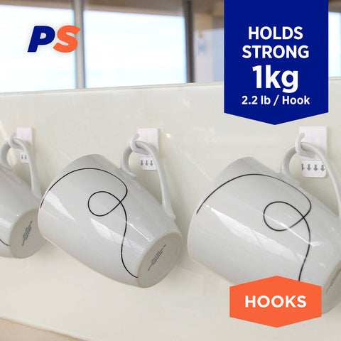 Permastik Adhesive Mug Hooks 10 Pack - White, No-Drill Cupboard Hooks