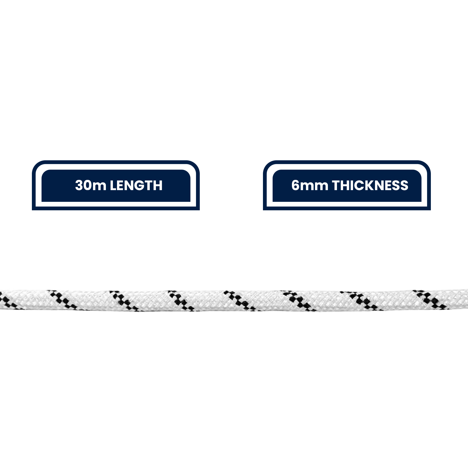 Grunt 6mm x 30m High Strength Rope, White with Black Trace, Polyester, 700kg Break Strength