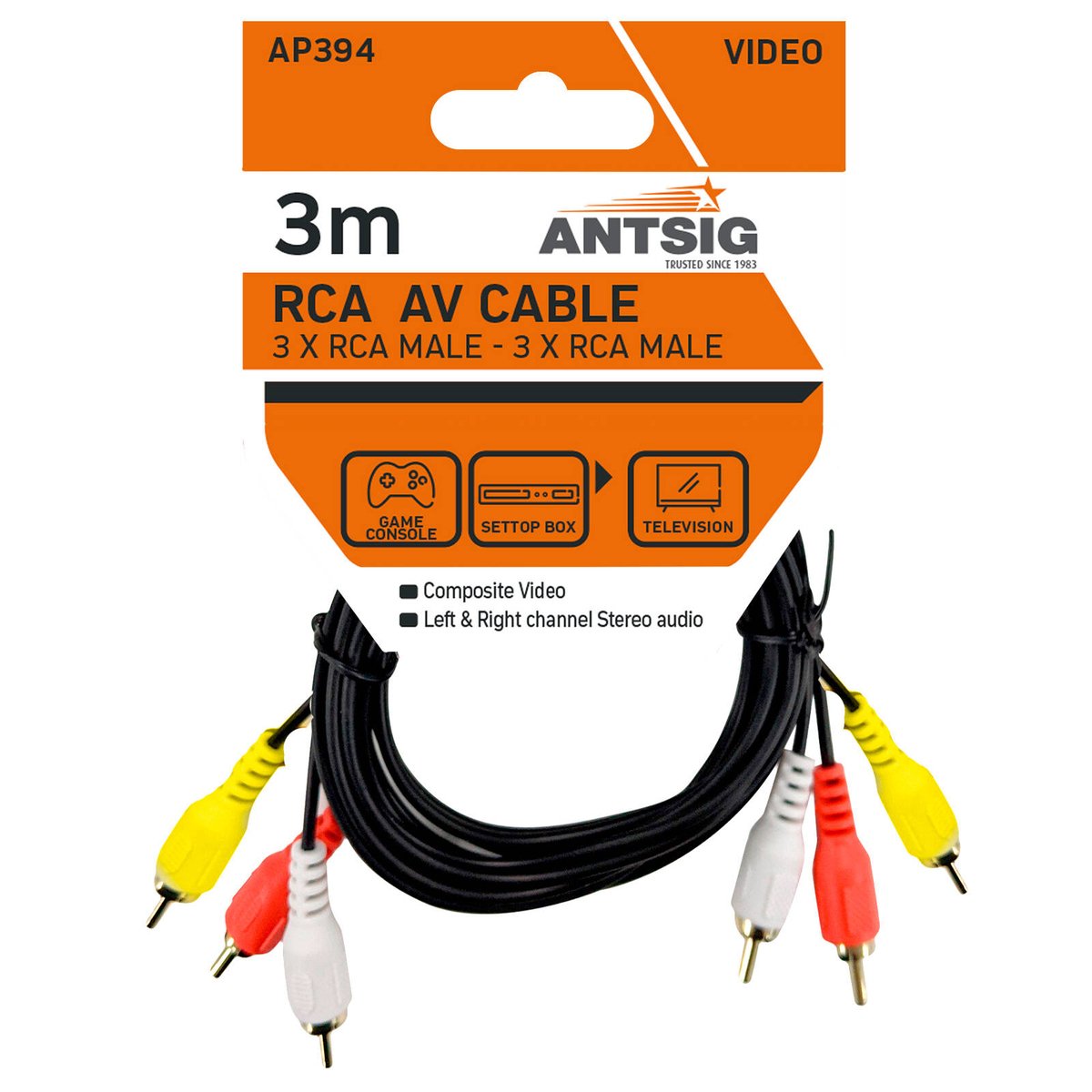 Antsig 3m Audio Visual Cable 3 RCA to 3 RCA - Durable Black PVC - 480i Video Output - SuperSaverAU - view 3