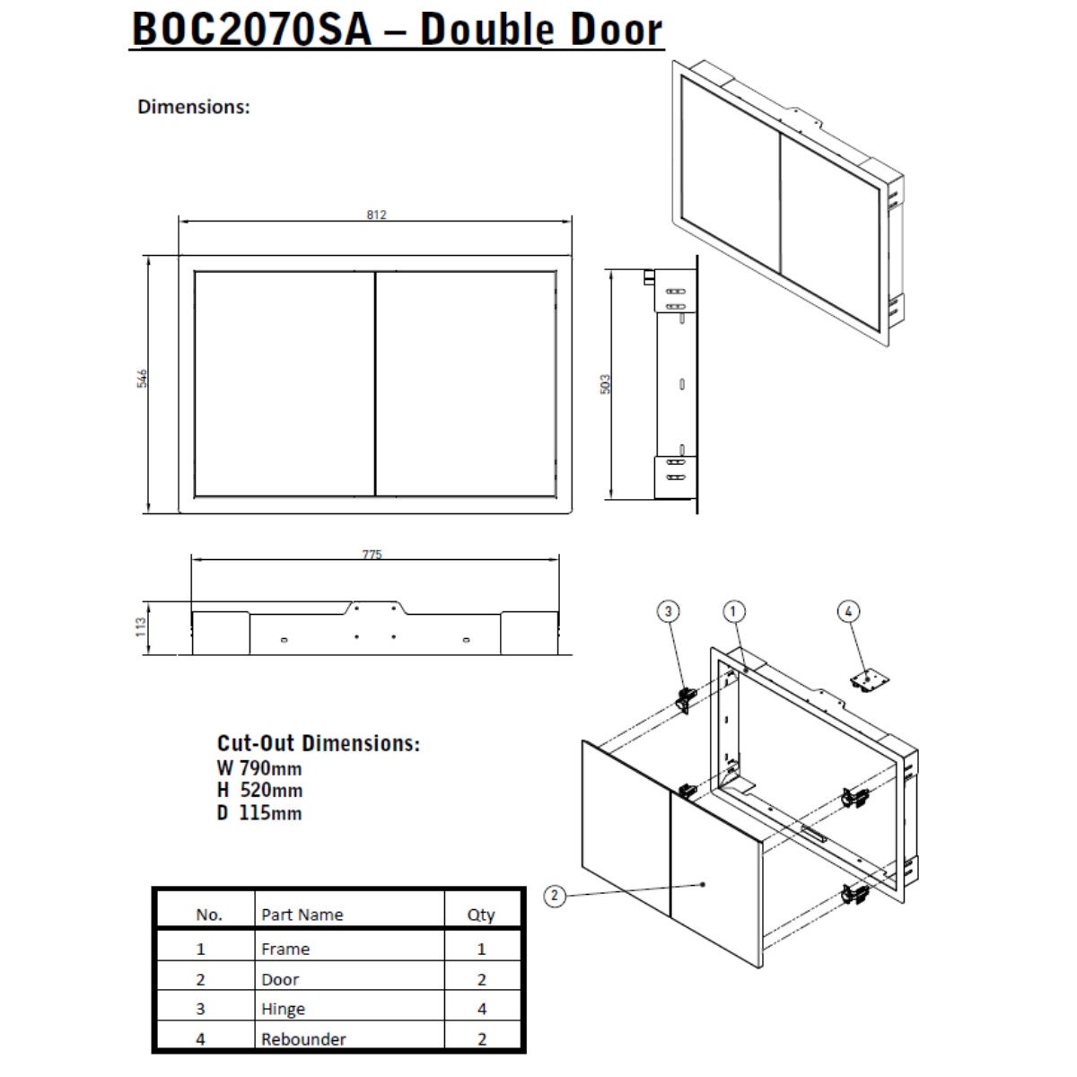 Beefeater Stainless Steel Double Storage Doors - 304 Grade Brushed Finish - Soft-Close - BOC2070SA