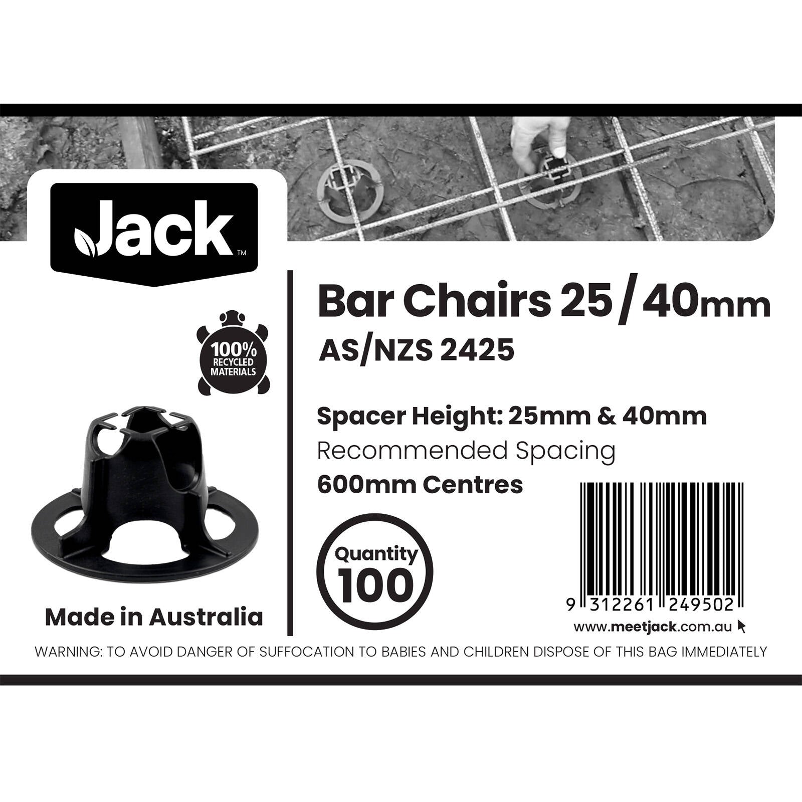Jack 25-40mm Black Plastic Reinforcing Bar Chair - 100 Pack Dual Height