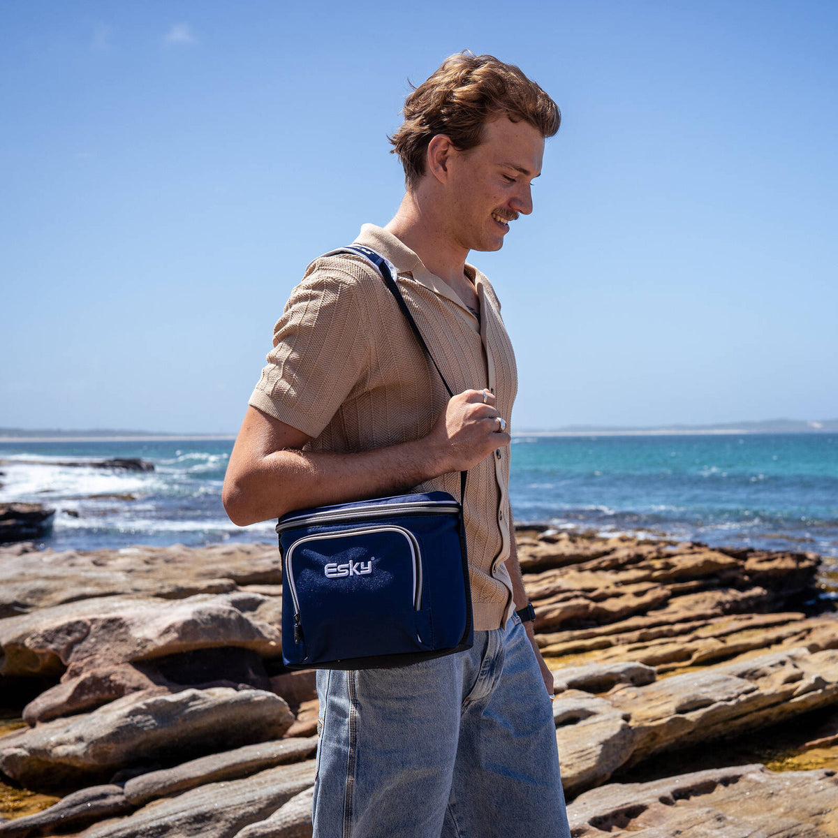 Esky 9 Can Soft Cooler Bag - Blue, Zip-Top with Front Pocket & Shoulder Strap