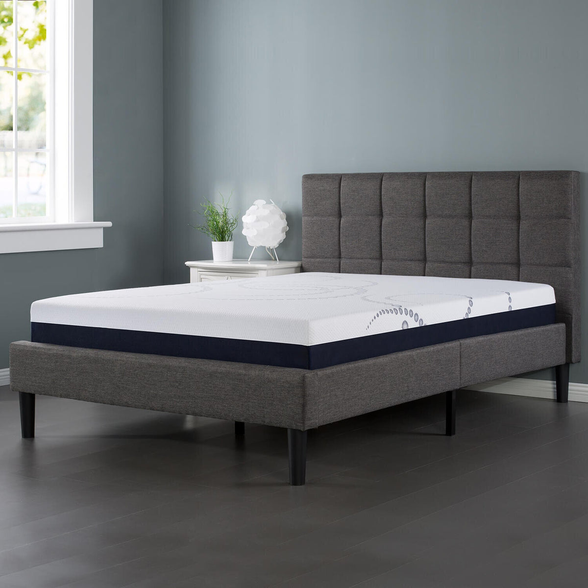 Zinus Lottie Deluxe queen upholstered bed frame - dark grey, slatted support, padded headboard - AU-FSPB-Q