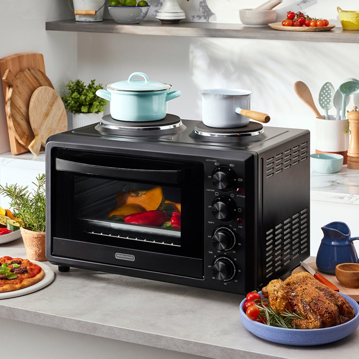 Morphy Richards 32L Benchtop Convection Oven with Two Hot Plates - Matte Black, 120 Minute Timer - MRBO32BLK2