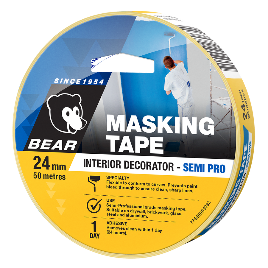 Bear Interior Decorator Masking Tape 24mm x 50m - Yellow - SuperSaverAU - view 1