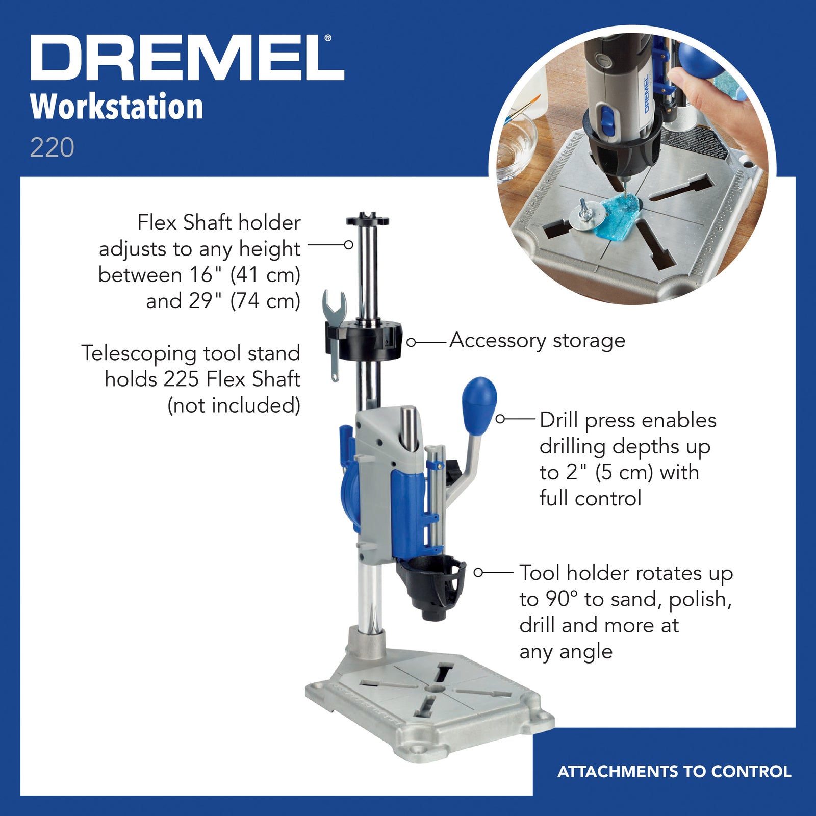 Dremel 3-in-1 Workstation Attachment Drill Press 220, Grey and Blue
