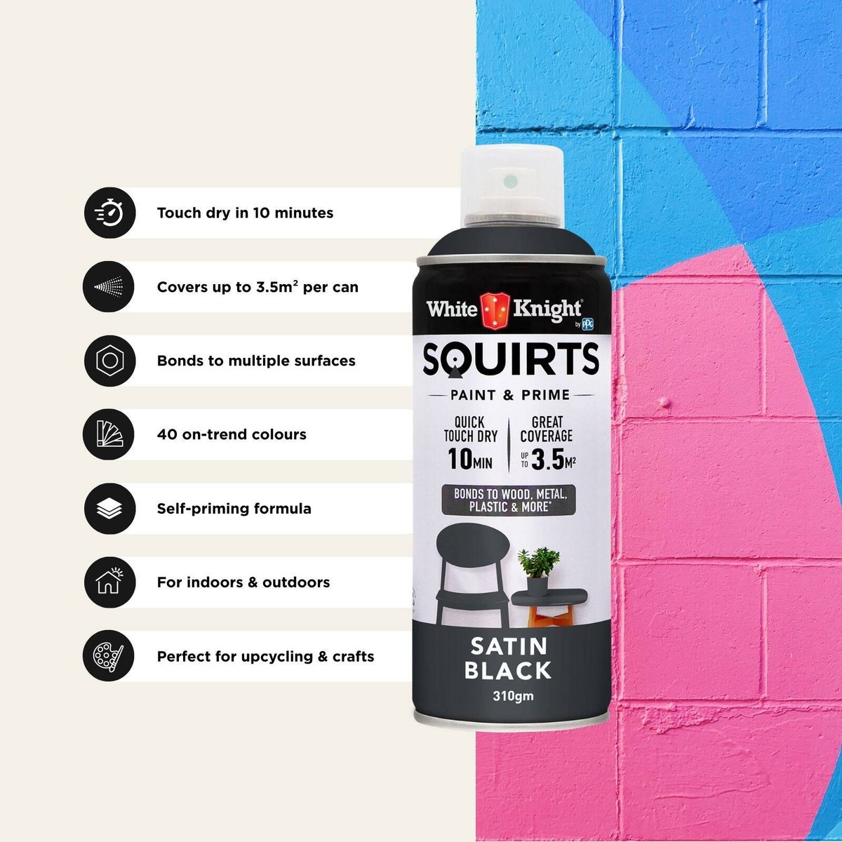 White Knight Squirts Black Satin Spray Paint 310g Solvent Based Durable - SuperSaverAU - view 5