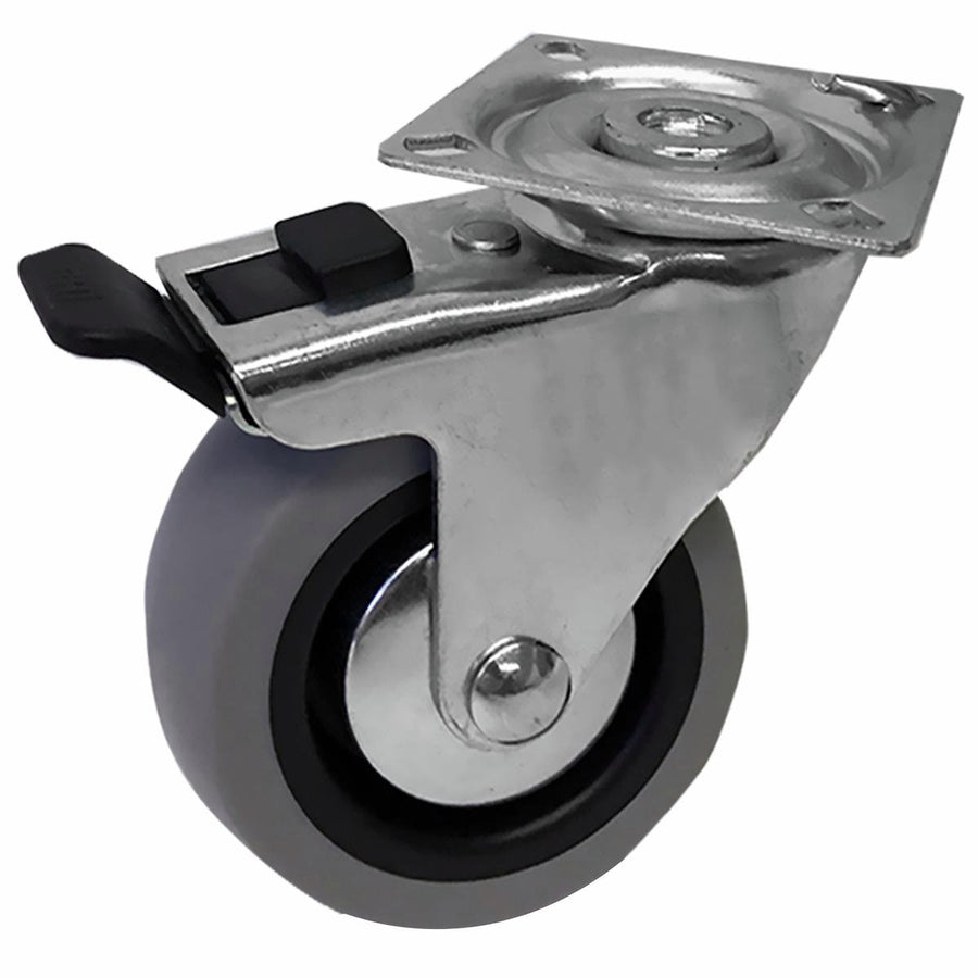 Easyroll 75mm Grey Rubber Swivel Plate Castor Plus Brake 55kg Load - SuperSaverAU - view 1