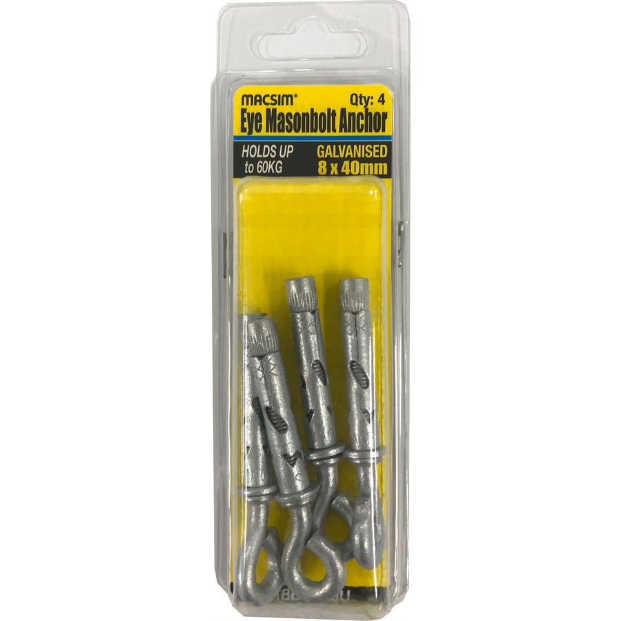Macsim Fasteners 8 x 40mm Galvanised Eye Bolt Sleeve Anchor 4 Pack