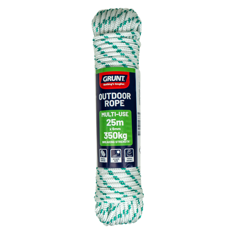 Grunt 6mm x 25m Outdoor Rope, White with Green Trace, Braided PP Multi-Filament, 350kg Break Strength