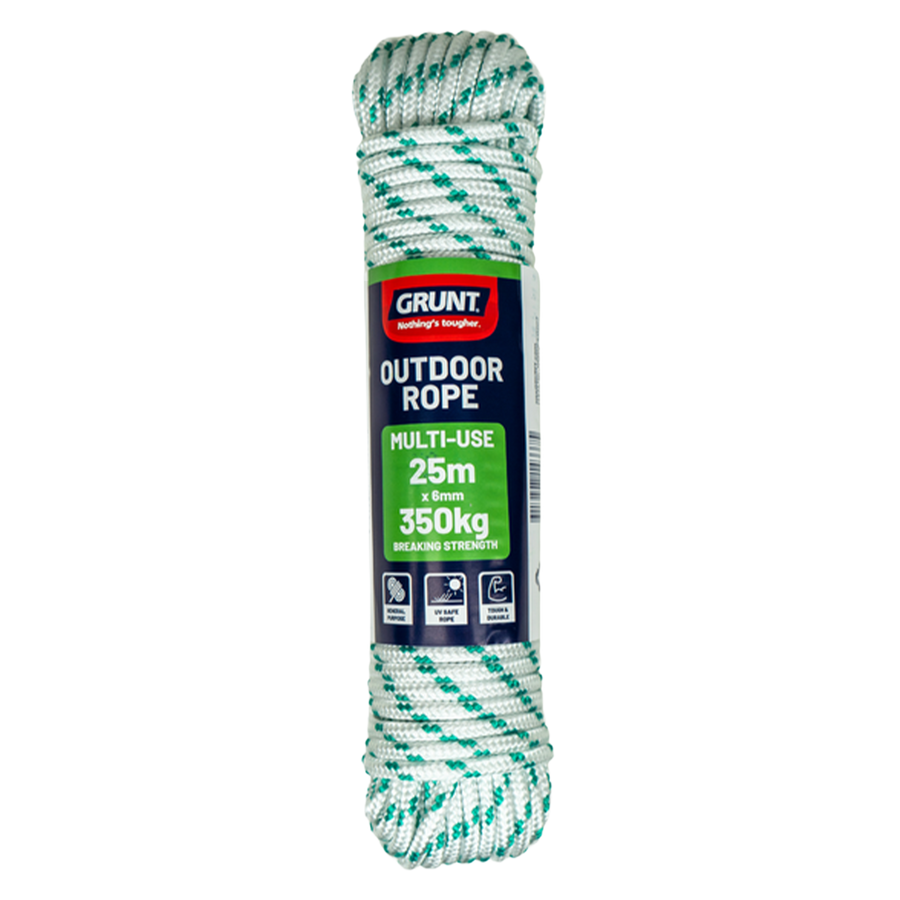 Grunt 6mm x 25m Outdoor Rope, White with Green Trace, Braided PP Multi-Filament, 350kg Break Strength