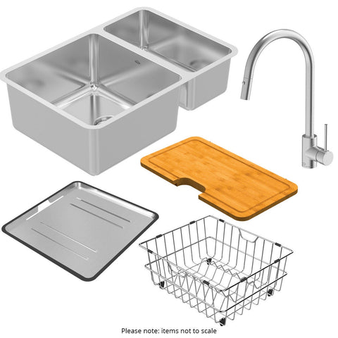 Abey 1 & 1/2 bowl sink pack - SUS304 stainless steel, pull out mixer tap, dish rack - WNL180T
