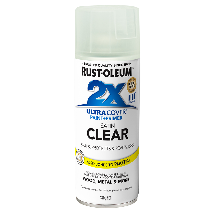 Rust-Oleum 2X Ultra Cover Satin Clear Spray Paint 340g - Versatile Durable Fast-Drying - SuperSaverAU - view 1