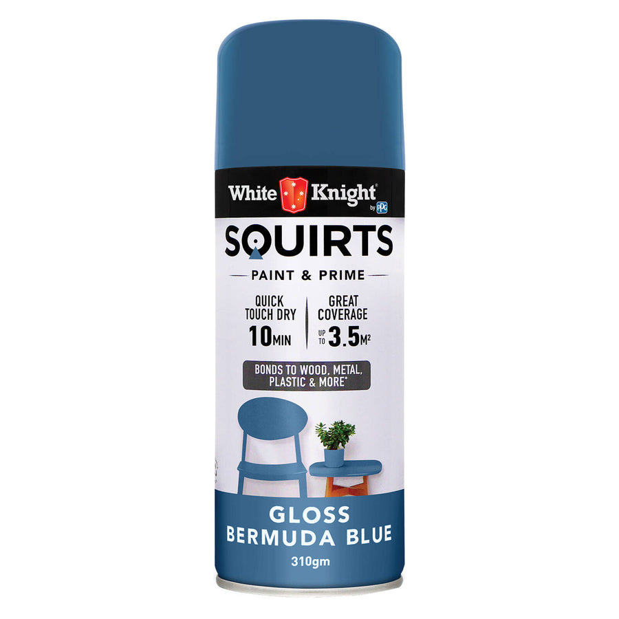 White Knight Squirts Bermuda Blue Gloss Spray Paint 310g - Solvent-Based, UV Resistant