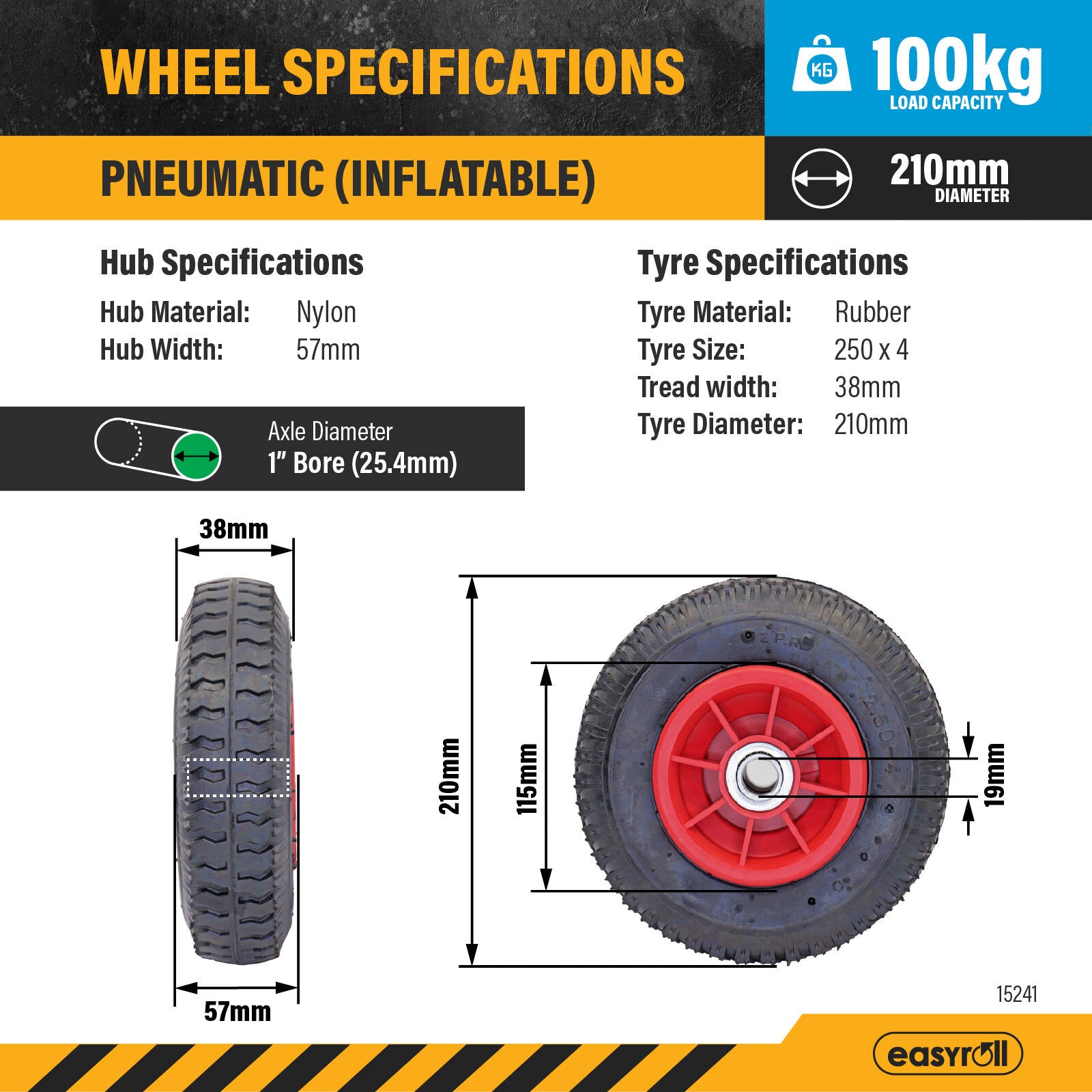 Easyroll 2.5 x 4" Pneumatic Nylon Trolley Wheel, 3/4" Axle, 100kg