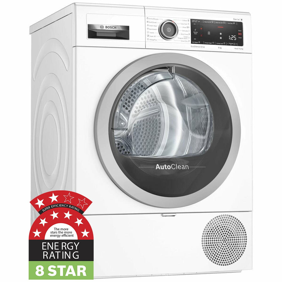 Bosch Series 8 9kg Heat Pump Dryer - 8 Star Energy Rating, Home Connect, Interior Drum Light - WTX88MH0AU
