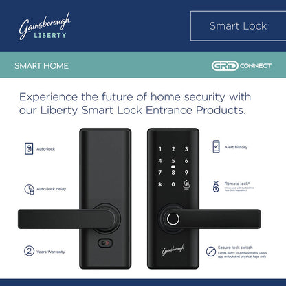 Gainsborough Liberty Smart Entrance Lock - Matte Black - 310mm x 115mm x 229mm - Advanced Security Features