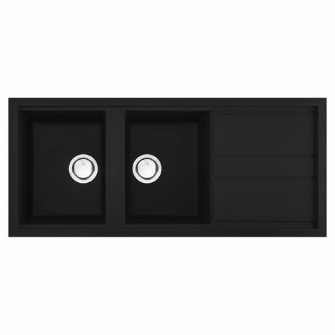 Artusi Granitek double bowl sink with drainer - Black, heat and scratch resistant - AGS1162B