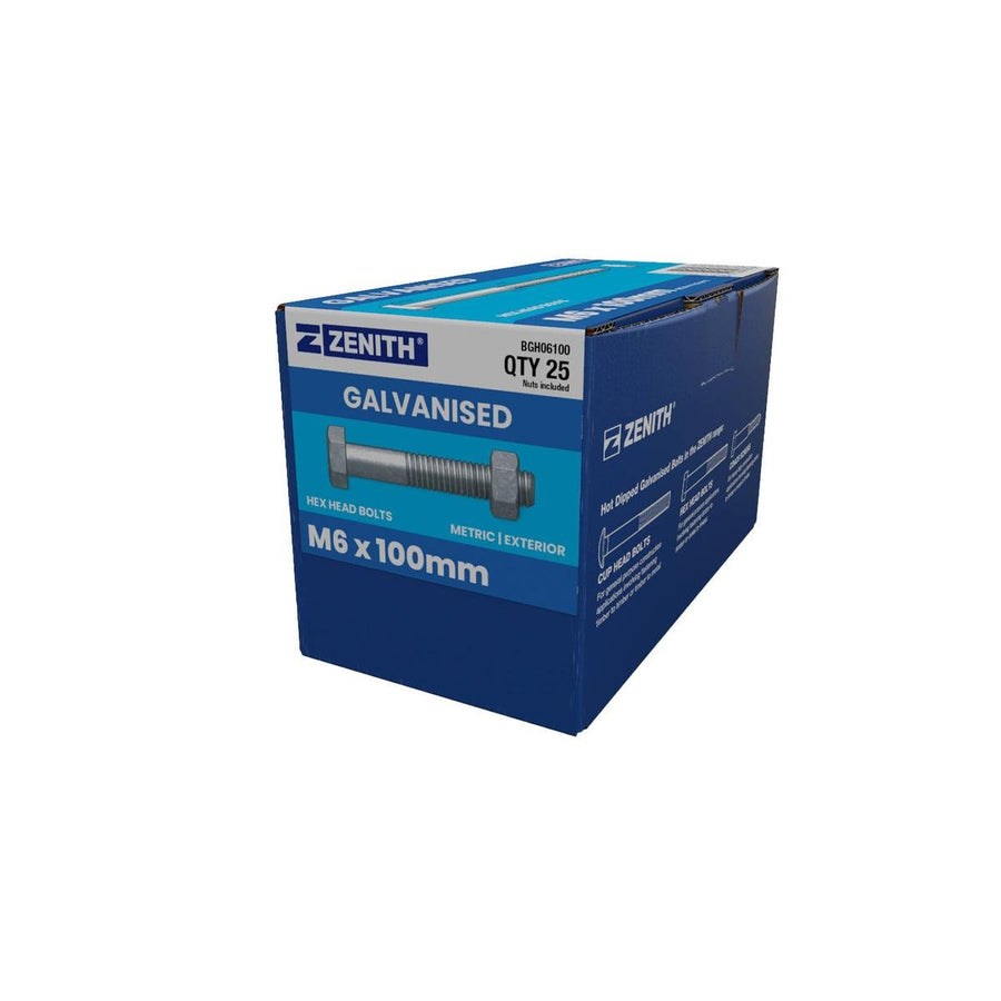 Zenith Hot Dip Galvanised Hex Head Bolts and Nuts M6 x 100mm 25 Pack - SuperSaverAU - view 1